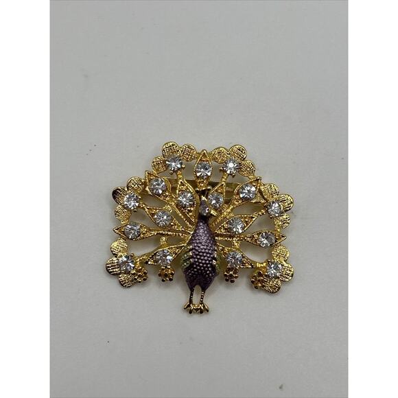 Rhinestone Peacock Lapel Pin Figural Brooch Gold Tone Luxury Pinback Button - Picture 3 of 7